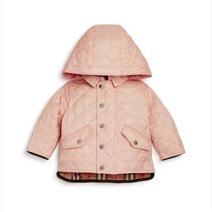 VGUC Burberry Baby Girls Ilana Diamond Quilted Hooded Jacket in Peachy Pink 6M